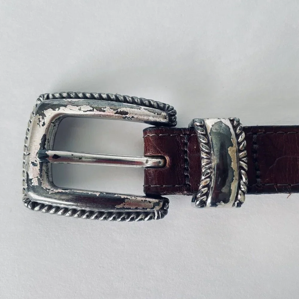 Brighton Kids Brown Leather Belt 27 Inches Silver Toned Buckle and Heart Conchos